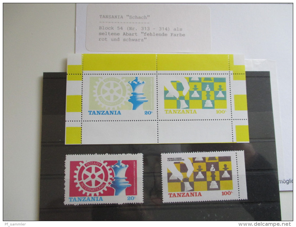 Tansania 11 Blocks mit Abarten fehlende Farben / ungezähnt / verzähnt! Tolle Stücke ** / MNH. Schach / Queen Elisabeth