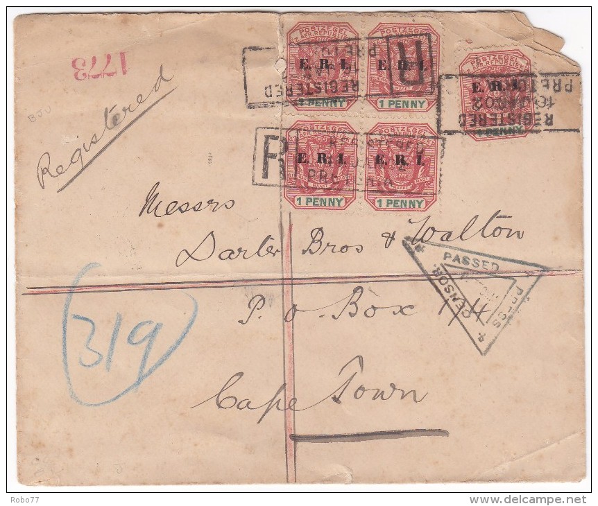 Boer War Cover.  Registered Letter. 16.jan.02. Pretoria. Censorship. Rare! (H105c008-t) - Orange Free State (1868-1909)