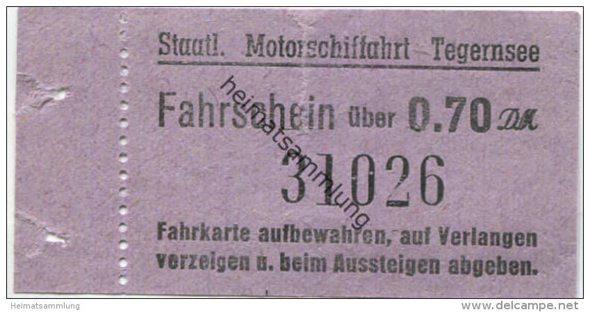 Staatliche Motorschiffahrt Tegernsee - Fahrschein 0.70DM - Europe