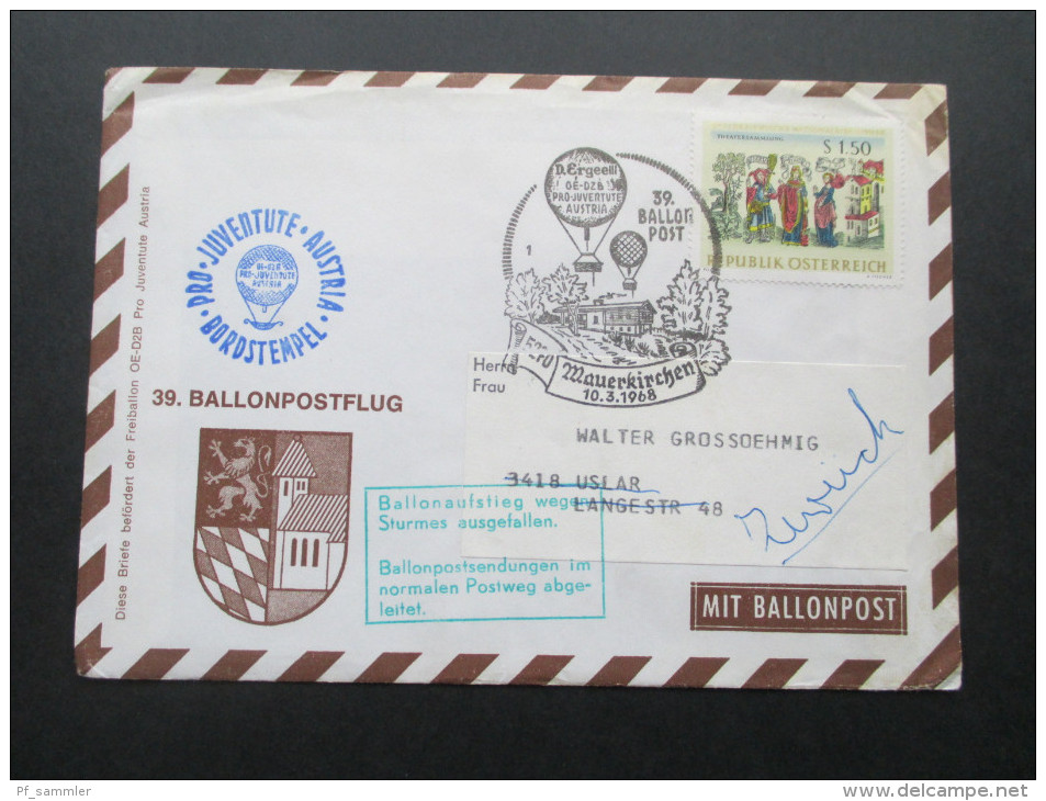 Österreich 1968 Ballonpost Pro Juventute Austria. Ballonaufstieg Wegen Sturmes Ausgefallen! Mauerkirchen 39. Ballon Post - Par Ballon