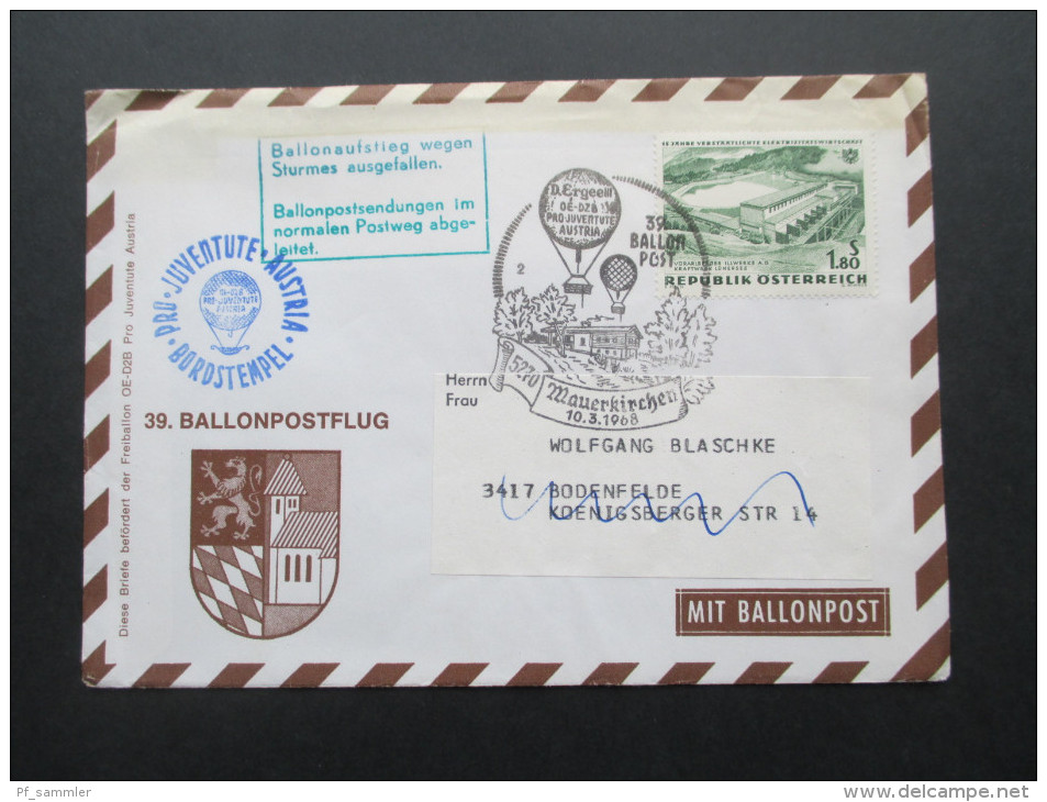 Österreich 1968 Ballonpost Pro Juventute Austria. Ballonaufstieg wegen Sturmes ausgefallen! Mauerkirchen 39. Ballon Post