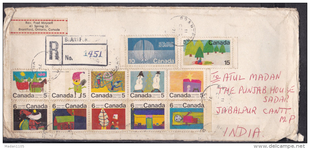 CANADA,  1971, Registered  Airmail Cover From Canada To India, 12 Stamps, Multiple Cancellations - Covers & Documents