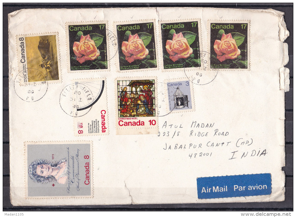 CANADA,   Airmail Cover From Canada To India, 10 Stamps, Multiple Cancellations, Queen, Roses - Cartas & Documentos