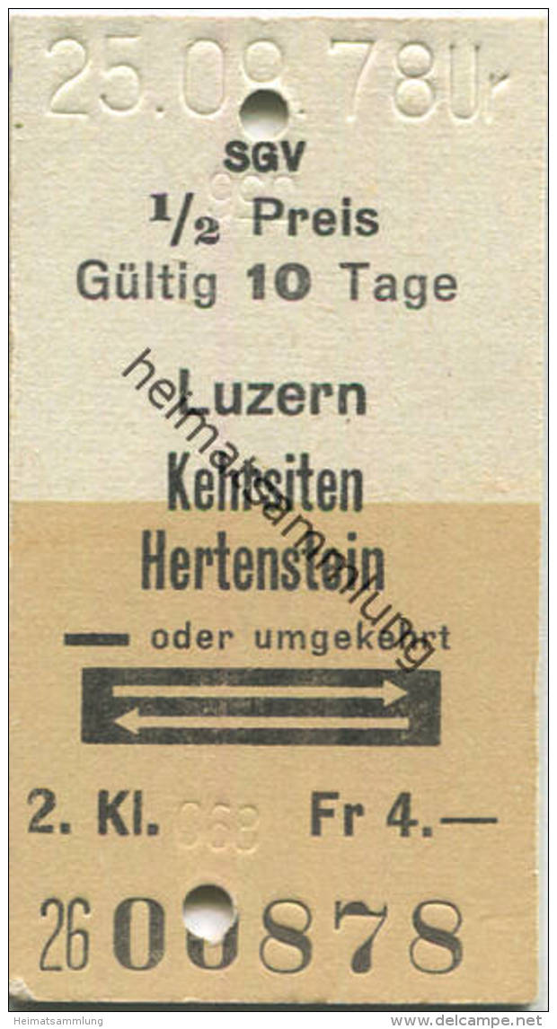 Schifffahrtsgesellschaft Des Vierwaldstättersees (SGV) - Luzern - Kehrsiten - Hertenstein Oder Umgekehrt - Fahrkarte 197 - Europa