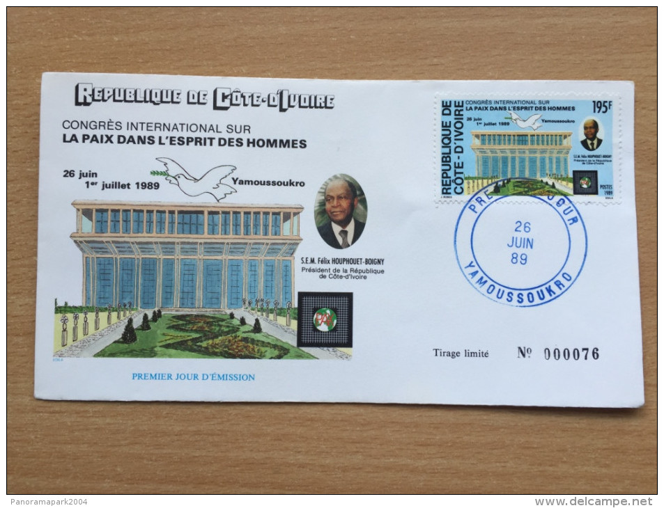 Côte D´Ivoire Ivory Coast Elfenbeinküste 1989 FDC Congrès Paix Peace Frieden Colombe Dove Taube Houphouët Mi. 997 - Côte D'Ivoire (1960-...)