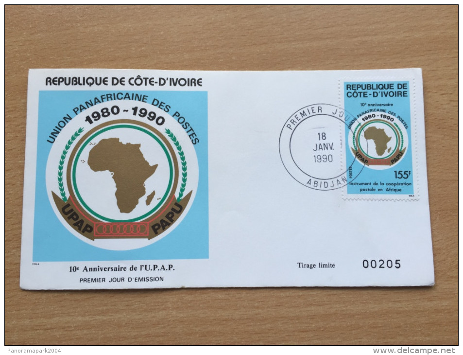 Côte D´Ivoire Ivory Coast Elfenbeinküste 1990 FDC 10e Anniversaire PAPU Union Postale UPAP Carte Map Africa Mi. 1009 - Côte D'Ivoire (1960-...)