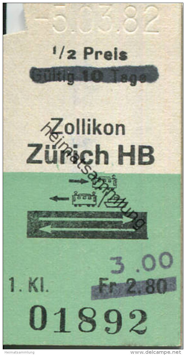 Zollikon Zürich HB Und Zurück - Fahrkarte 1982 1/2 Preis Fr. 3.00 - Europa