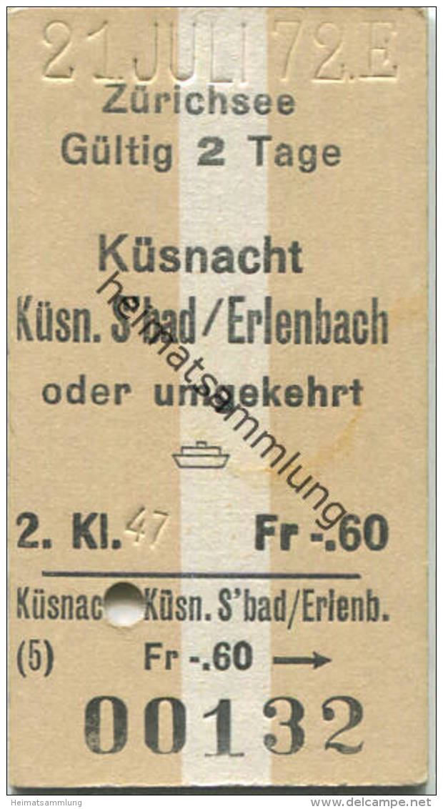 Zürichsee - Küsnacht - Küsn.S'bad / Erlenbach Oder Umgekehrt - Fahrkarte 1972 Fr. -.60 - Europe