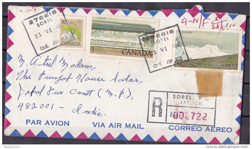 CANADA,  1982, Registered  Airmail Cover From Canada To India, 3 Stamps, Multiple Cancellations, - Storia Postale