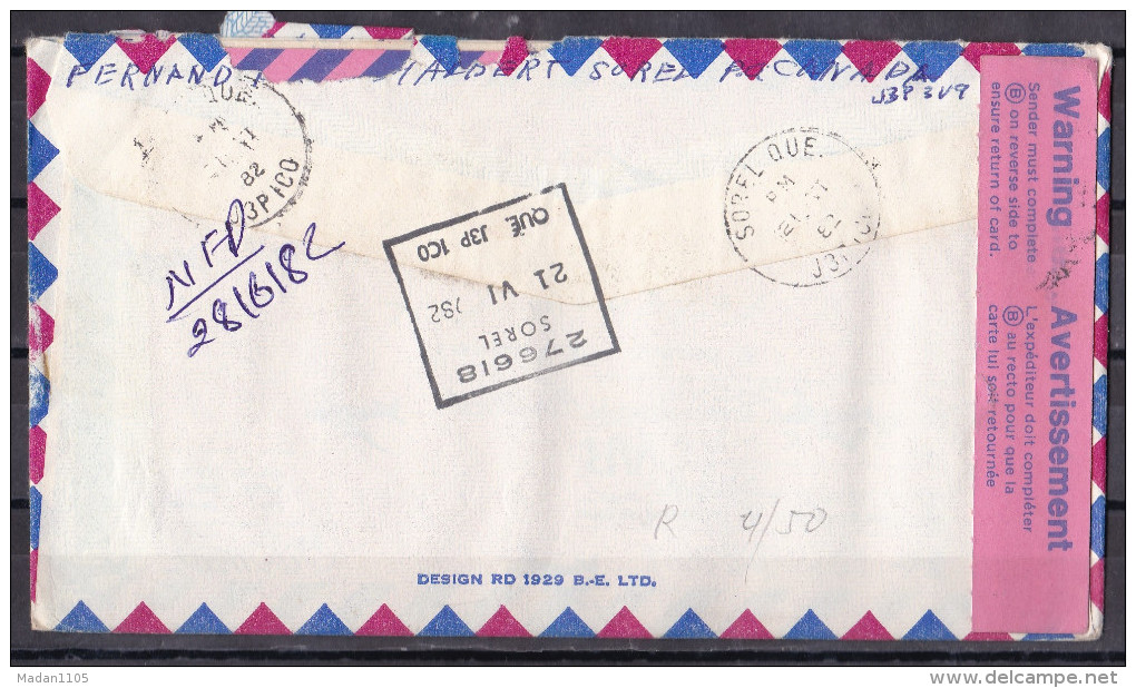 CANADA,  1982, Registered  Airmail Cover From Canada To India, 3 Stamps, Multiple Cancellations, - Storia Postale