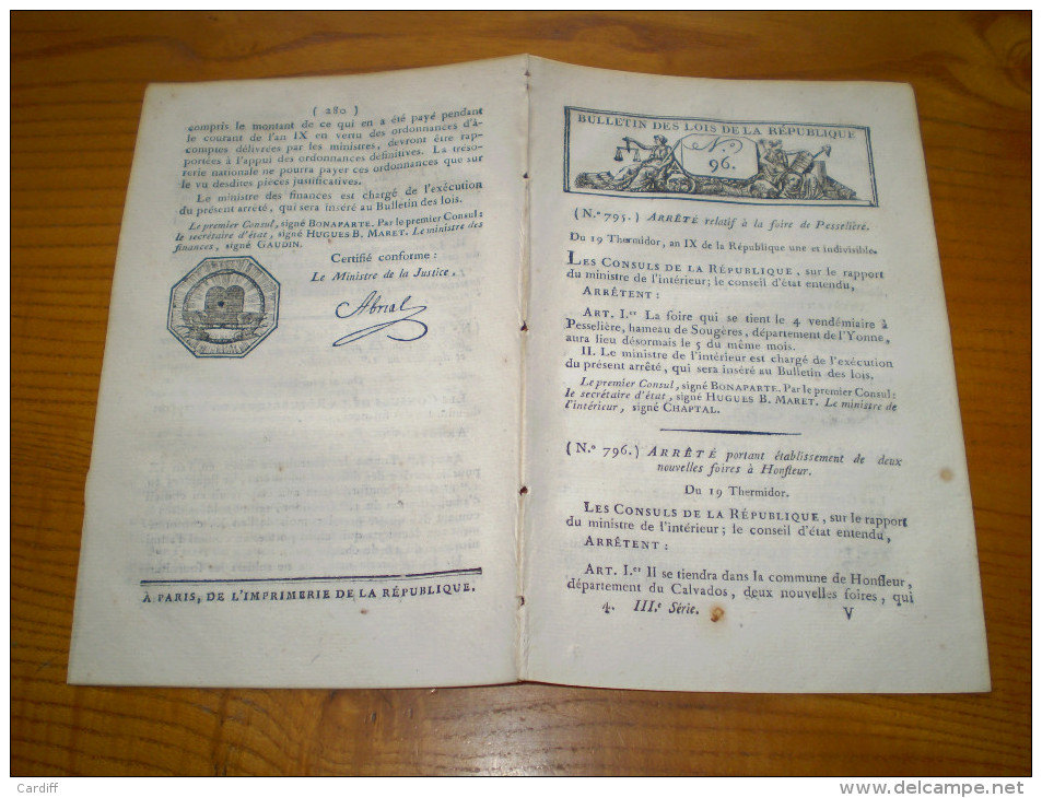 Lois An IX:Bonaparte 1er Consul:Foire Pesselière,Honfleur,Nesle. Legs Chaintreaux,Rabasteins.Mine De Charbon Du Bousquet - Décrets & Lois