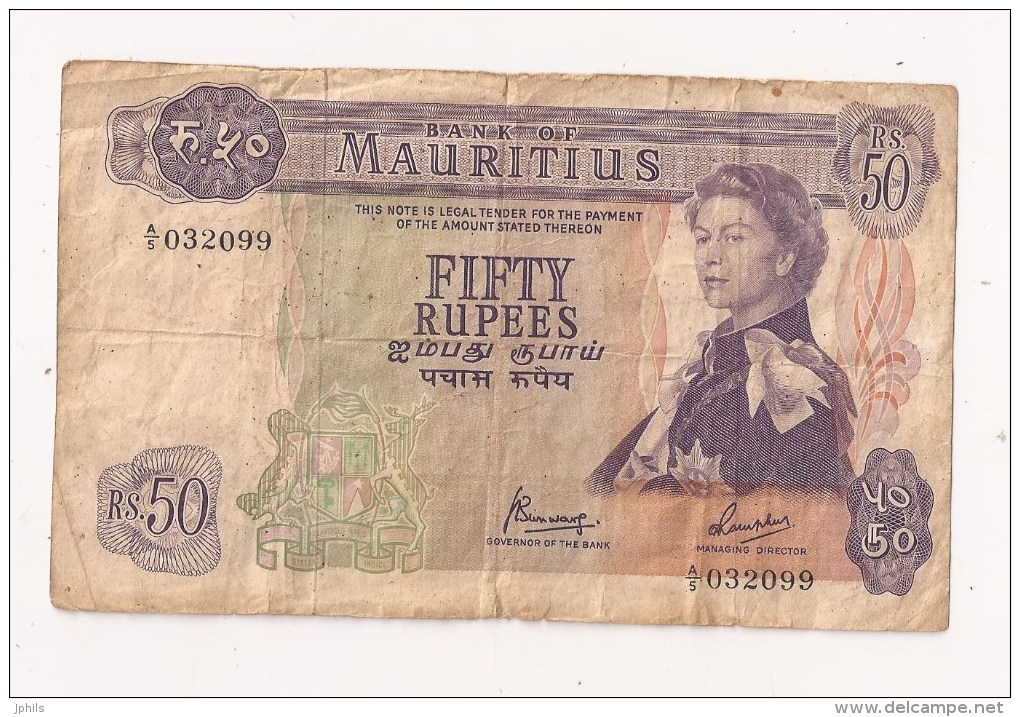 BANK OF MAURITIUS FIFTY RUPEES 50 RUPEES - Maurice