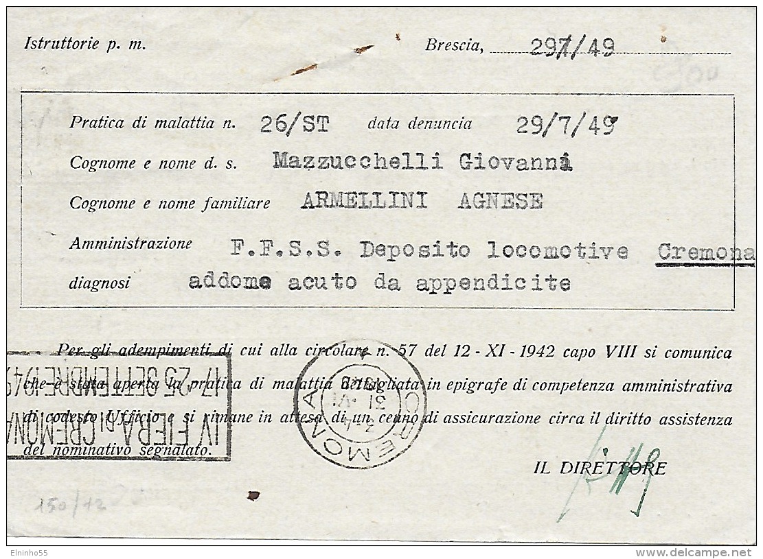 1949 Cartolina Postale Ente Previdenziale Lire 15 E.R.P. Da Brescia Per Cremona - Uso Singolo - 1946-60: Marcofilie