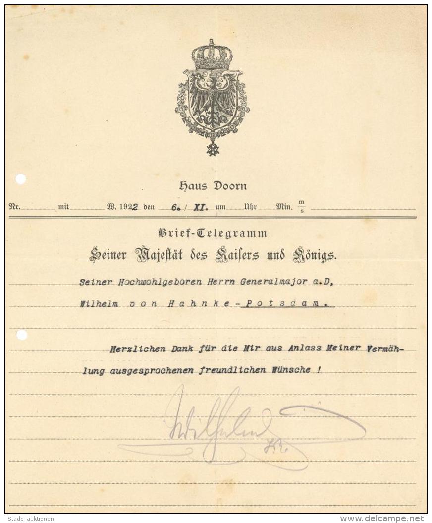 Adel Hohenzollern Kaiser Wilhelm II Brief Telegramm Mit Original Unterschrift 1922 I-II - Unclassified