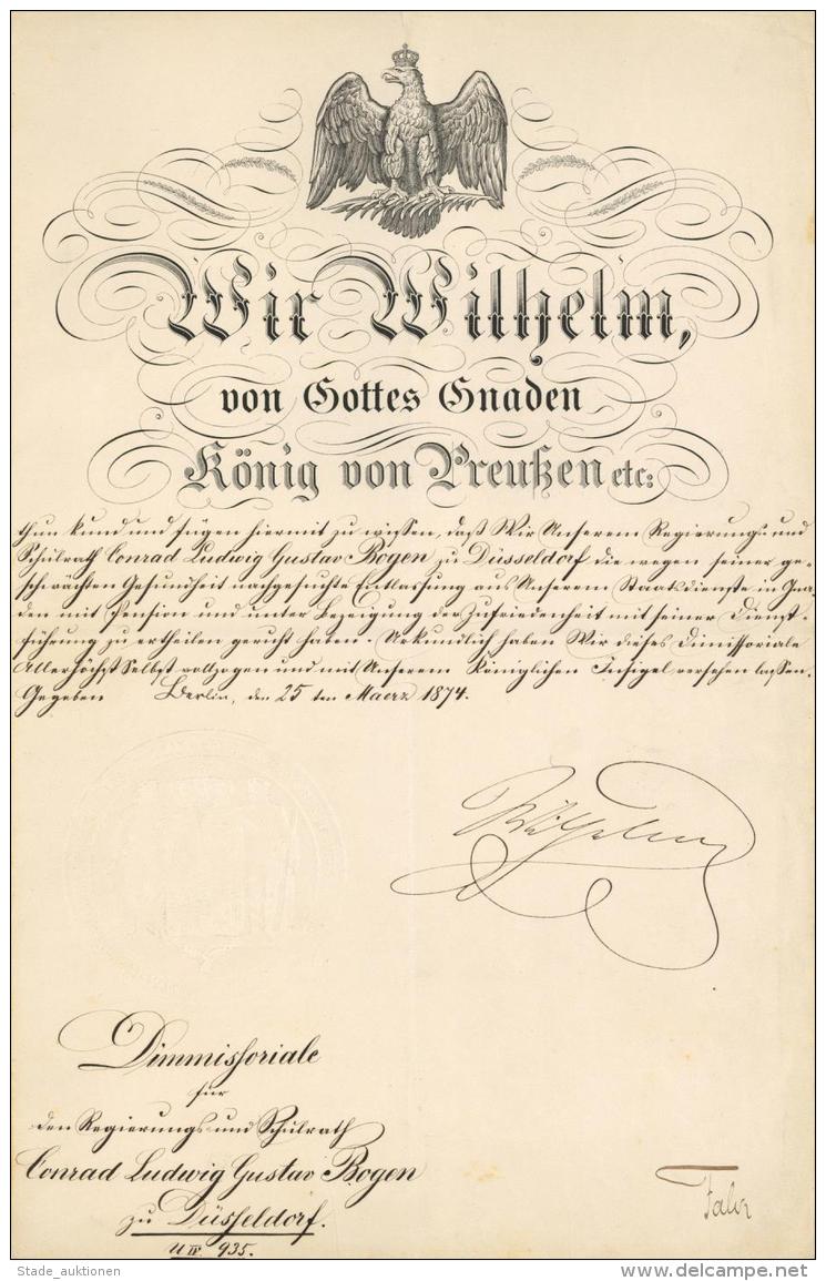 Adel Hohenzollern Wilhelm I König Von Preußen Dimissoriale 1874 Mit Orig. Unterschrift I-II - Unclassified