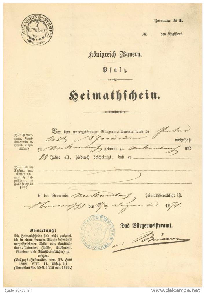 Politik Königreich Bayern Heimatschein 1871 I-II - Other & Unclassified