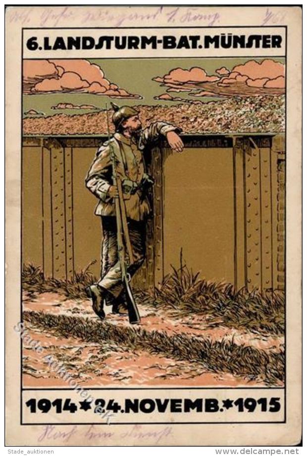 WK I 6. Landsturm Bat. Münster Soldat Pickelhaube Künstlerkarte 1915 I-II (fleckig) - Zonder Classificatie