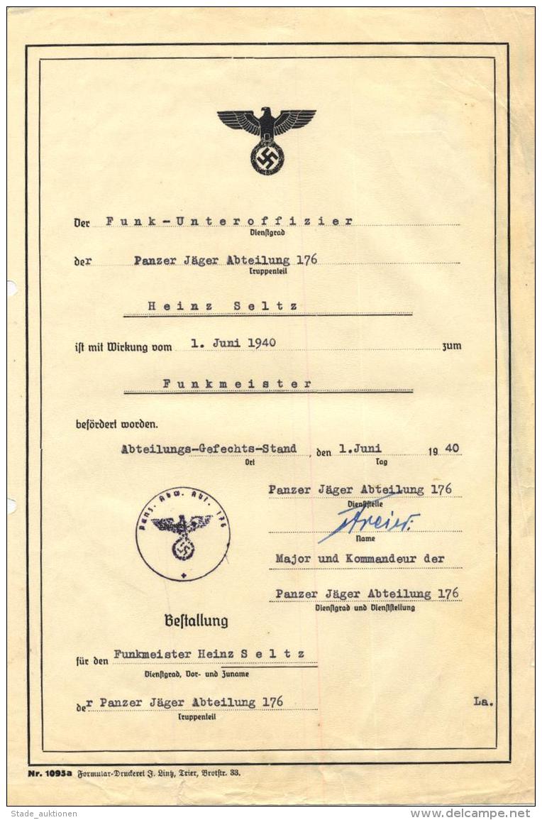 WK II Beförderungsurkunde Zum Funkmeister, Seltz, Heinz Panzerjägerabteilung 176 II - Unclassified