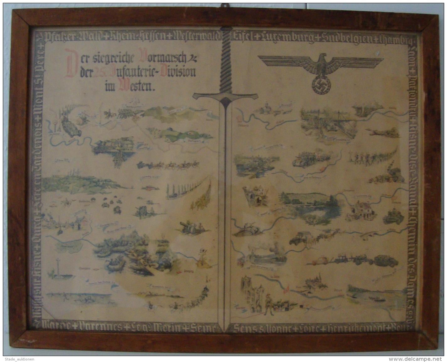 WK II Der Siegreiche Vormarsch Der 25 Infanterie Division Im Westen 64x50 Cm Gerahmt II (Ecke Im Glas Mit Sprung) - Unclassified