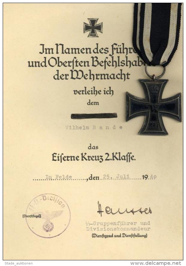 WK II SS Division Orden Eiserne Kreuz 2. Klasse Mit Verleihungsurkunde I-II - Unclassified