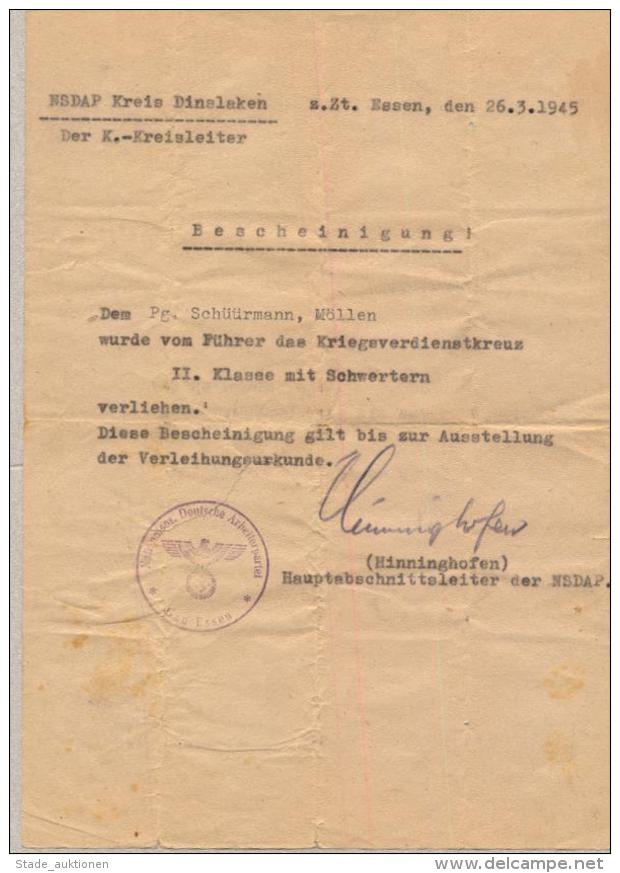 WK II Verleihungsurkunde Kriegsverdienstkreuz 2. Klasse Mit Schwertern, Schüürmann I-II - Unclassified