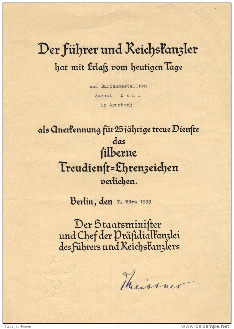 WK II Verleihungsurkunde Silberne Treuedienst Ehrenabzeichen, Dahl, August I-II - Unclassified