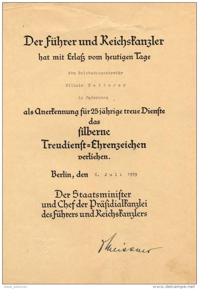 WK II Verleihungsurkunde Silberne Treuedienst Ehrenzeichen, Oetterer, Wilhelm II - Unclassified