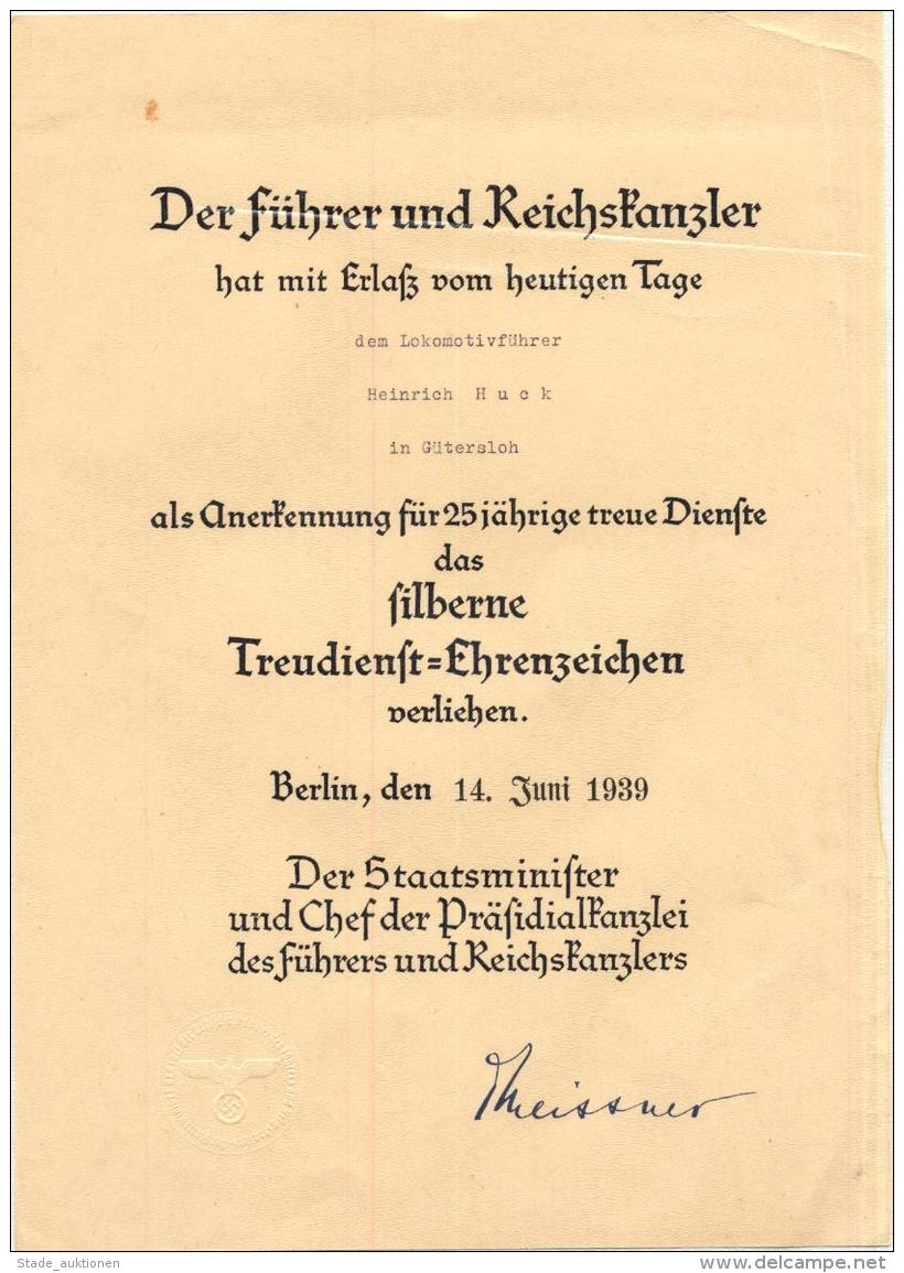 WK II Verleihungurkunde Silberne Treuedienst Ehrenabzeichen, Lokomotivführer Huck, Heinrich I-II - Unclassified