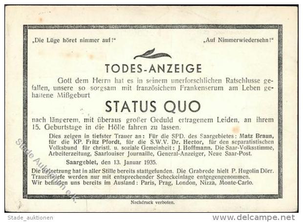 SAARBEFREIUNG 1935 - STATUS QUO - Todesnazeige I-II - Unclassified
