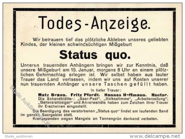 SAARBEFREIUNG 1935 - STATUS-QUO - Todesanzeige! I - Unclassified