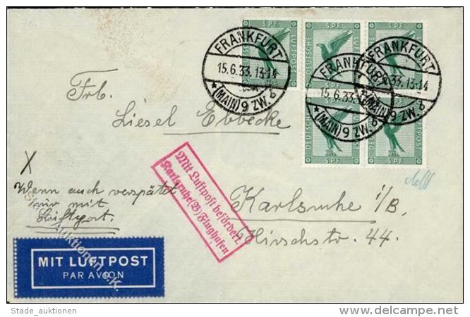 Flugpoststempel, DR, 1933, 5 Pf Adler (5), MeF Auf Luftpostbrief, DB FRANKFURT (MAIN) 15.6.33", Roter Ra2 "Mit Luftpost - Unclassified