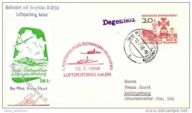 Segelflugzeug, 1958, Bund, 1. Postsegelflug ELCHINGEN-HORNBERG 12.7.58", Mit Vignette Und Signatur Des Piloten I-II" Pla - Ohne Zuordnung