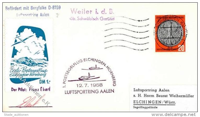 Segelflugzeug, 1958, Bund, 1. Postsegelflug ELCHINGEN-HORNBERG 12.7.58", Rs. Mit Blauer Vignette Und Signatur Des Pilote - Unclassified