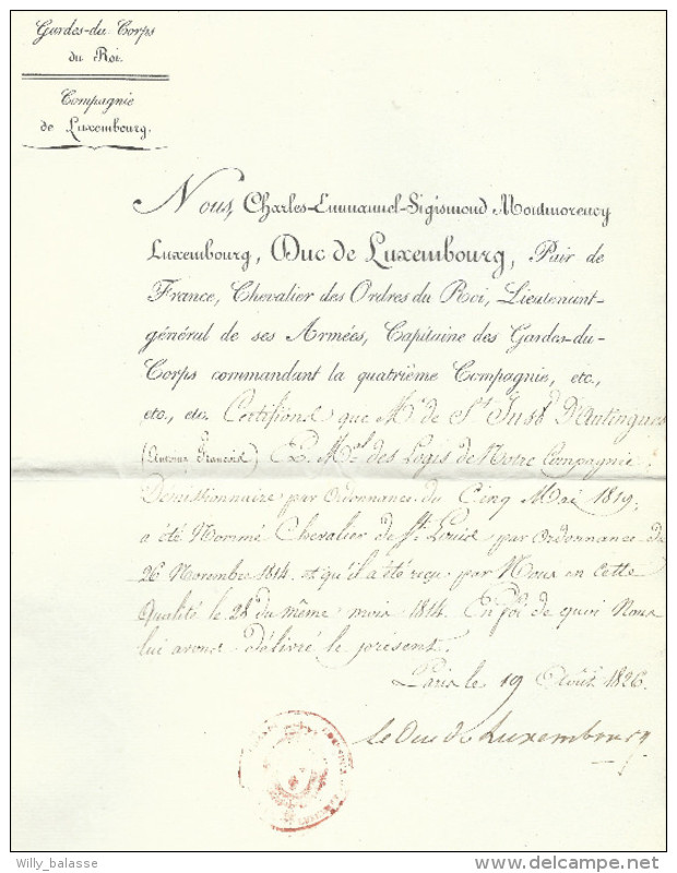 Doc De Paris 1826 Signé "Le Duc Du Luxembourg". Nomination De Chevalier (Gardes Du Corps Du Roi /Compagnie De Luxembourg - Documents Historiques