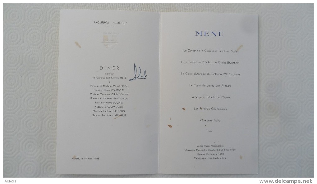 (Paquebot FRANCE - 14 Avril 1968) - Menu Du Diner Offert Par Le Commandant Camille Mahé à 8 Invités Nommés....voir Scans - Menus