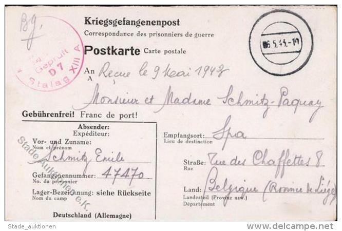 DR-Kriegsgefangenenpost, 1943, 6.5.43", Aptierter K2, Kgfg.-Postkarte, Roter K1 "STALAG XIII A", Nach Belgien I-II" - Unclassified