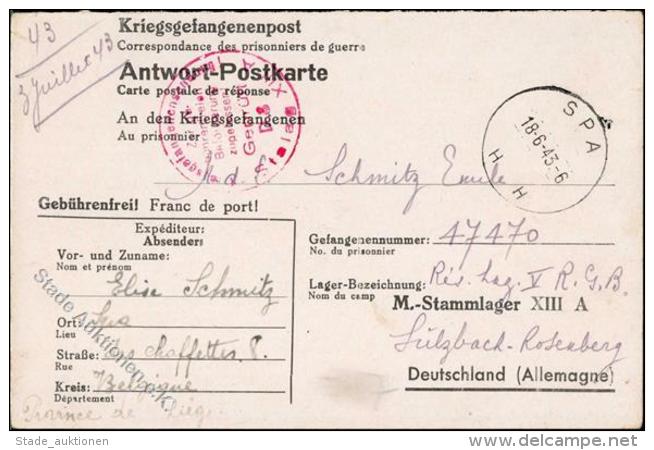 DR-Kriegsgefangenenpost, 1943, SPA 18.6.43", K2, Kgfg.-Postkarte, Roter Prüf-K1 "STALAG XIII A", Nach Sulzbach-Rose - Unclassified