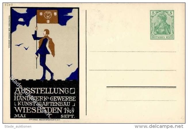 Privatganzsache Deutsches Reich 5 Pf Germania Grün Wiesbaden (6200) Ausstellung Für Handwerk U. Gewerbe 1909 I - Unclassified