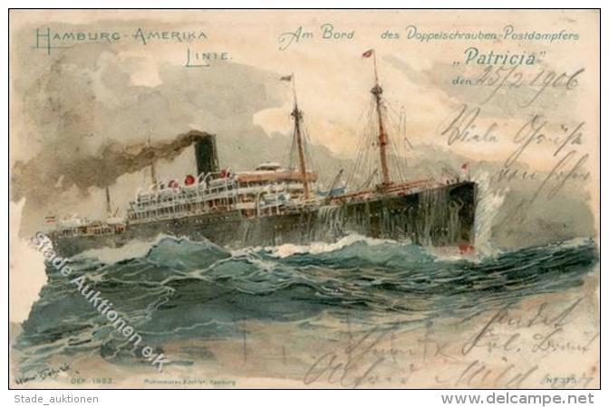 Deutsche Seepost, 1906, Linie HAMBURG - NEW YORK 25 2 06", Auf 10 Pf Germania, Farbige Ak, Am Bord Postdampfer "Patricia - Ohne Zuordnung