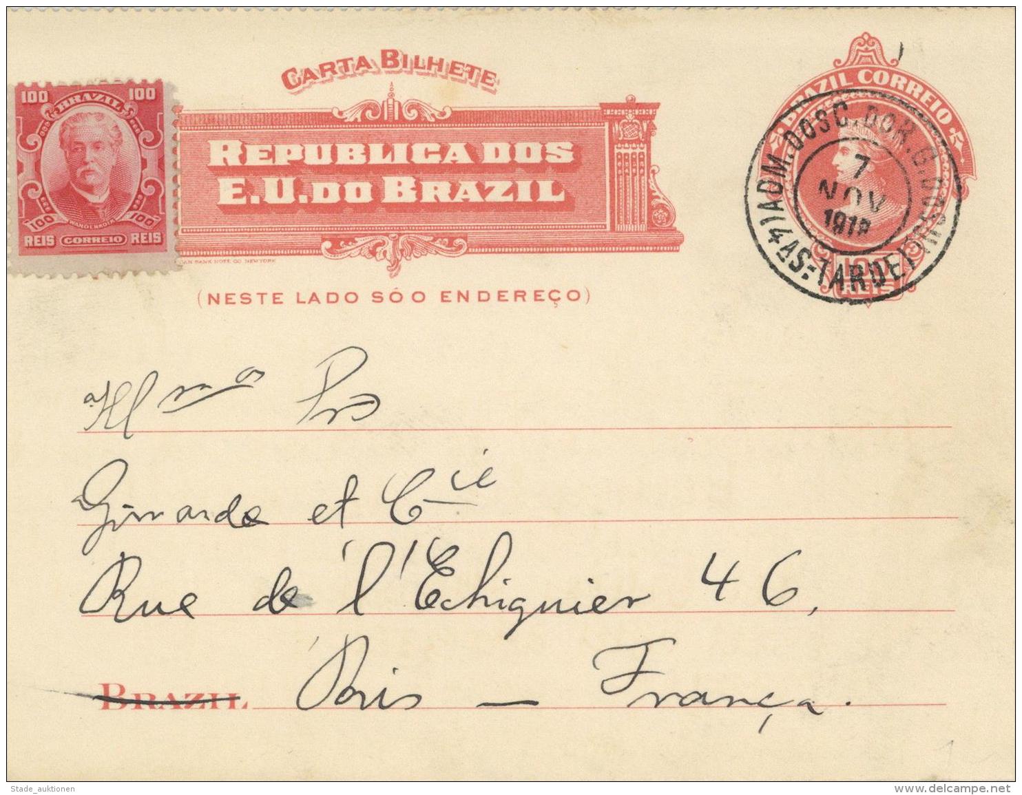 Brasilien-Ganzsachen, Mi.Nr.K41, U.a. 1910, 100 R Freiheit, Kartenbrief, K2 ADM. DOS C. DOR G. DO SUL (4AS:TARDE) 7 NOV - Ohne Zuordnung