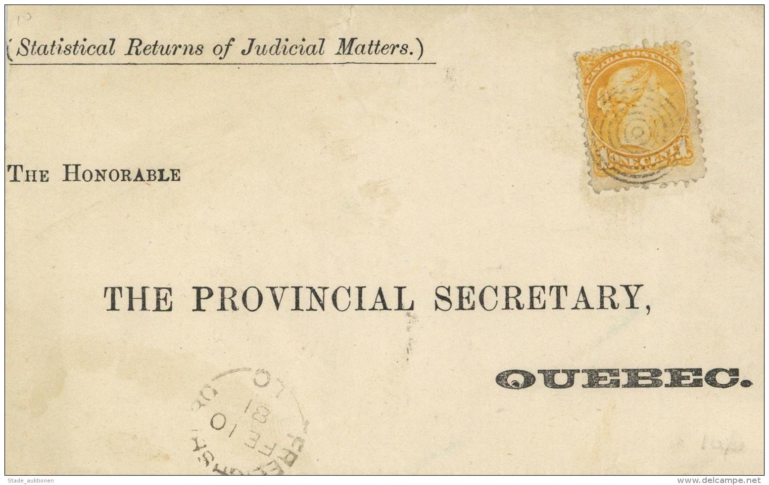 Canada, 1 C Gelb, Mi.Nr.26c, Stummer Ringstpl., Brief Aus Frelichsburg FE 10 (18)81, Nach Quebec I-II" - Non Classificati