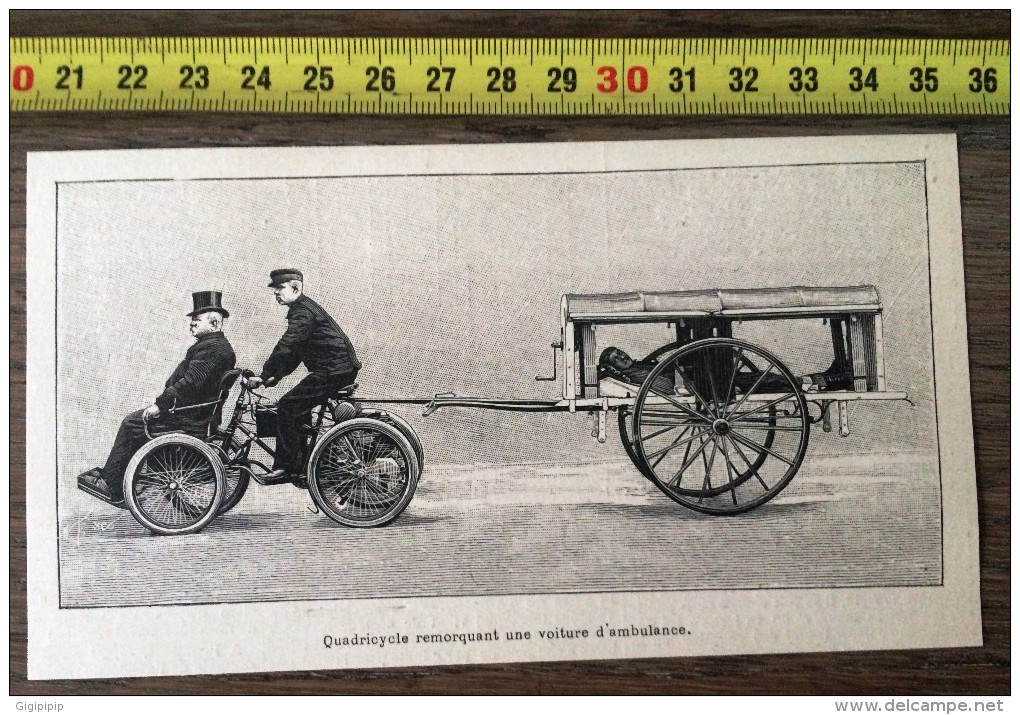 DOCUMENT ANNEE 1900 QUADRICYCLE REMORQUANT UNE VOITURE AMBULANCE - Collections