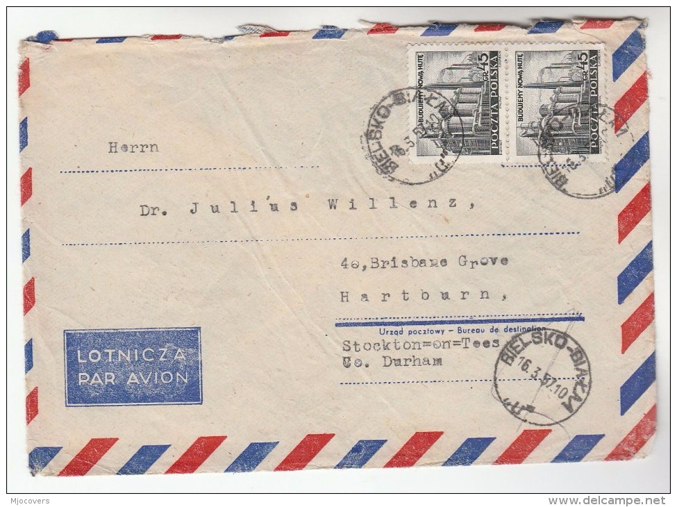 1957 Air MaiL Bielsko POLAND COVER Stamps  To Stockton GB - Covers & Documents