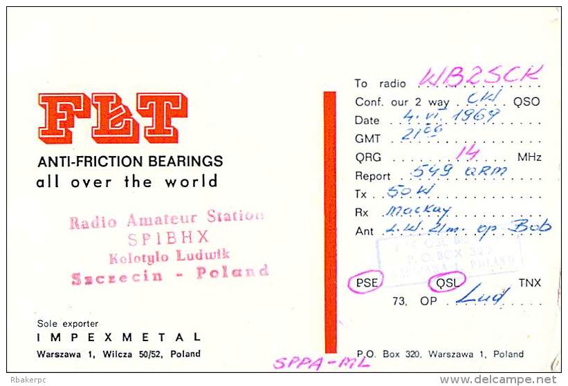 Amateur Radio QSL Card - SP1BHK - Poland - 1969 - 2 Scans - Radio Amateur