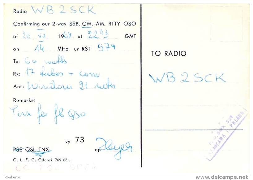 Amateur Radio QSL Card - SP2AVE/2 - Gdansk, Poland - 1969 - 2 Scans - Radio Amateur