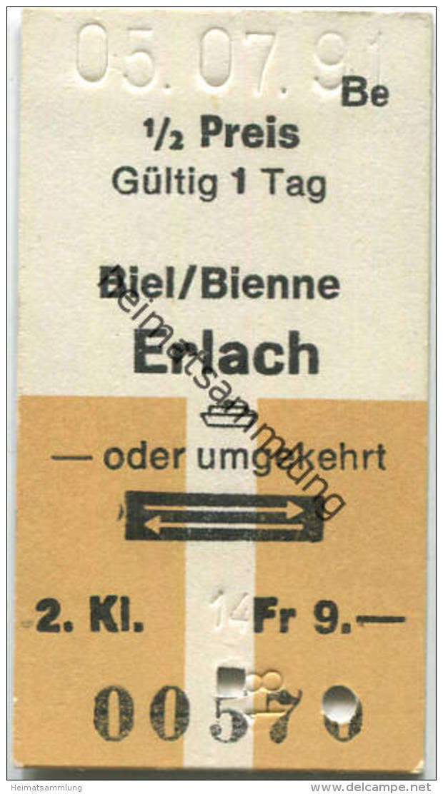 Biel/Bienne - Erlach Oder Umgekehrt - Fahrkarte 1991 1/2 Preis Fr. 9.- - Europe