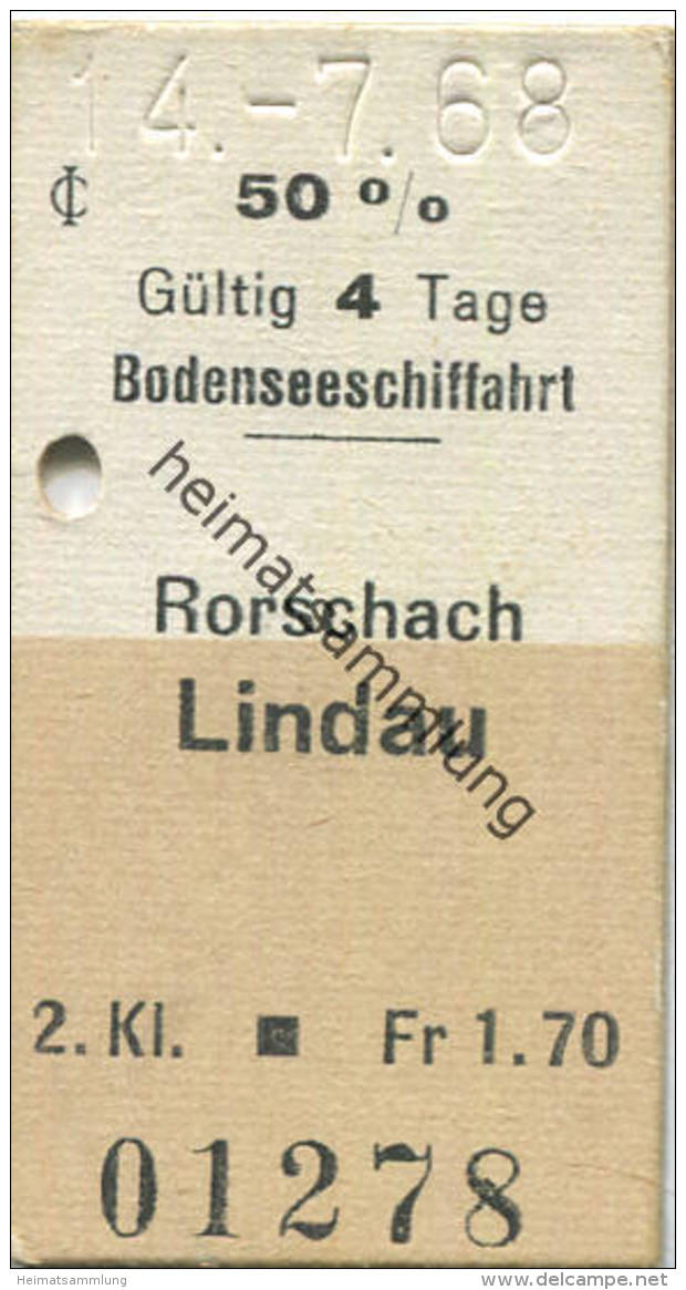 Bodenseeschiffahrt - Rorschach - Lindau - Fahrkarte 1968 50% Fr. 1.70 - Europa