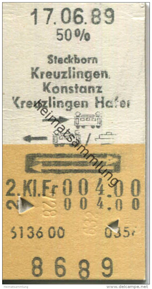 Steckborn - Kreuzlingen - Konstanz - Kreuzlingen Hafen Und Zurück - Fahrkarte 1989 50% Fr. 4.00 - Europe