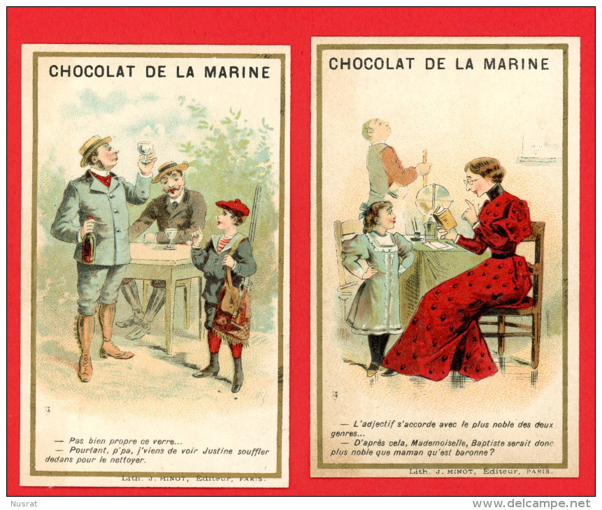 Chocolat De La Marine, Lot De 2 Chromos Lith. Minot, Thème Personnages, Humour - Other & Unclassified