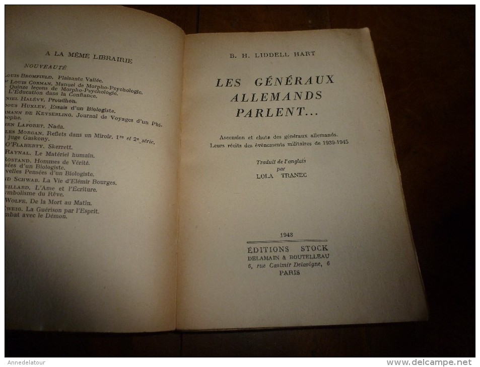 1948 LES GENERAUX ALLEMANDS PARLENT---- , Par B. H. Liddell Hart (plans Annexés En Fin Du Livre ) - Français